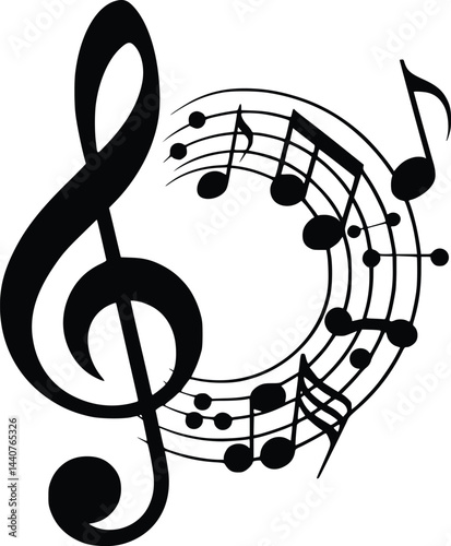 Bold Black And White Music Notes Swirl. Vector Illustration Isolated On White