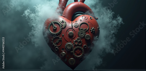 3D rendering of a mechanical heart with red gears and smoke on a dark background