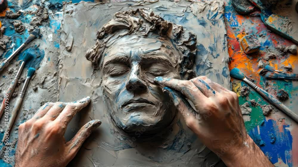 Artistic process: sculpting a detailed clay portrait with skilled hands