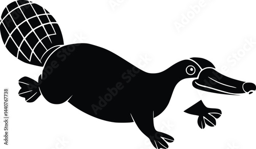 Bold Black And White Platypus Swimming. Vector Illustration Isolated On White