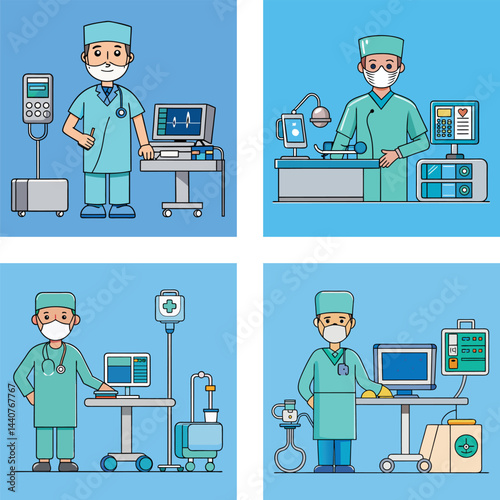 Cartoon Medical Doctors With Equipment In Hospital Emergency Room Operating Theaters