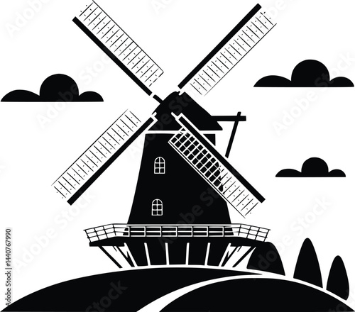 Bold Black And White Windmill On Hill. Vector Illustration Isolated On White