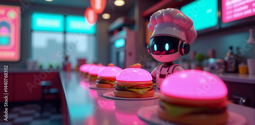 A futuristic restaurant featuring a robot chef preparing neon-glowing burgers
