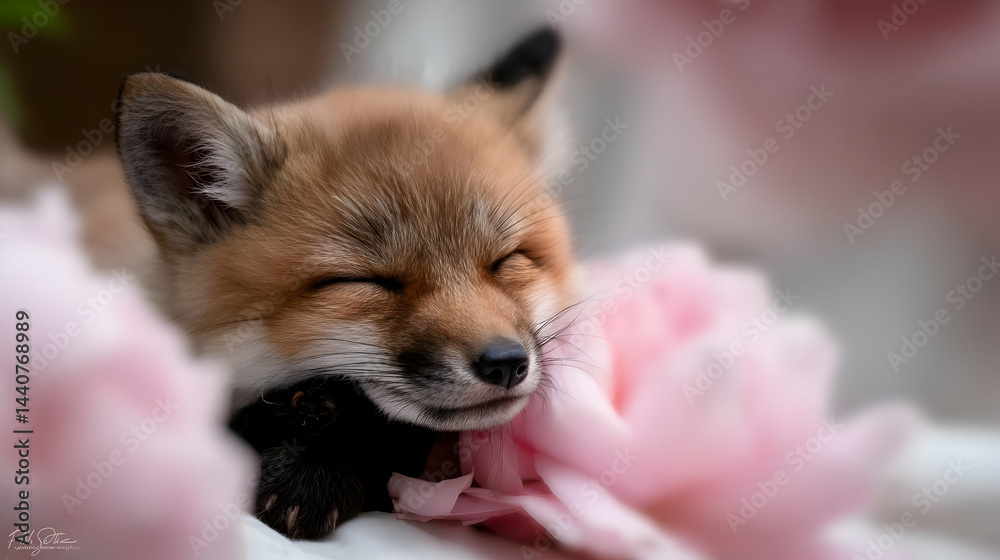Obraz premium fox curled up in a giant soft flower