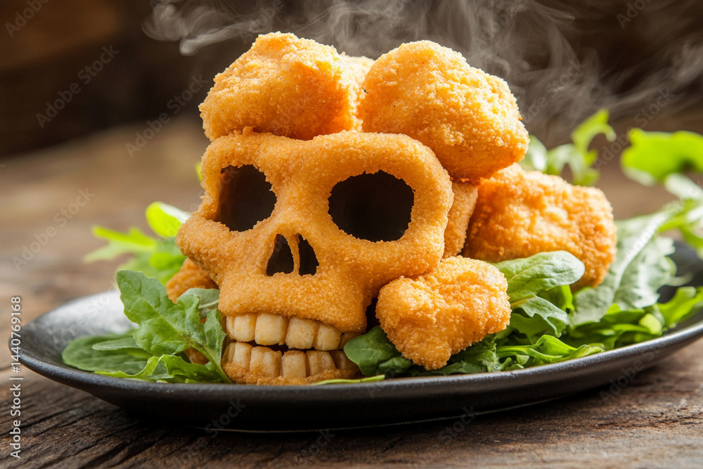 Skull crafted entirely from chicken nuggets on a plate Generative AI