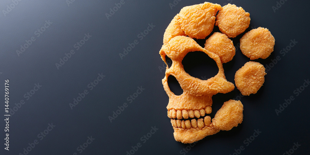 Skull crafted from chicken nuggets displayed on black surface Generative AI
