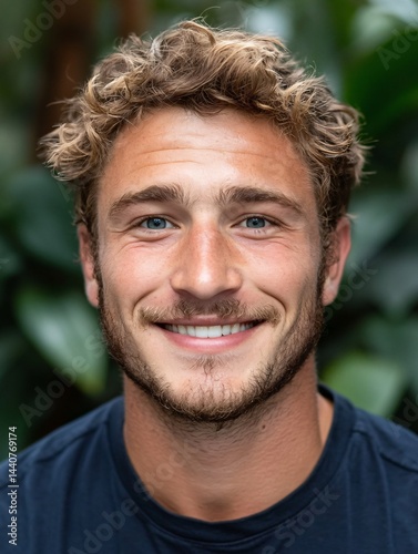 Friendly young man with curly hair and a genuine smile portrait
