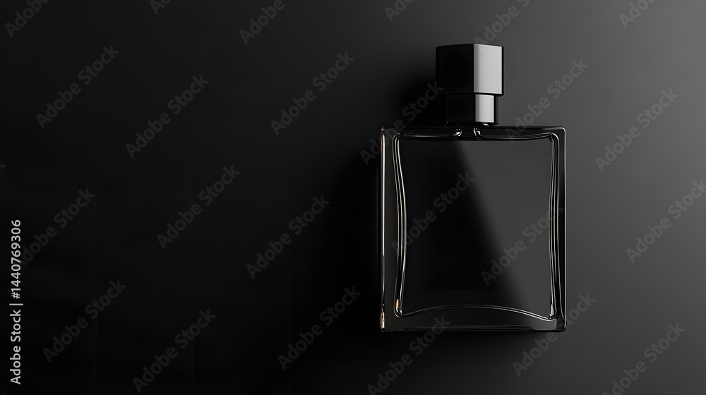 Dark Perfume Bottle: A sleek, rectangular perfume bottle with a dark glass body and a square black cap sits on a dark background. Dark Perfume Bottle: A sleek, rectangular perfume bottle with a dark glass body and a square black cap sits on a dark background.