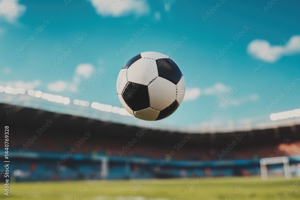 Naklejka premium Ball in mid-air during a football play at a stadium under a clear blue sky, a ball fly rotation throw above at football stadium Photo in background sport concept