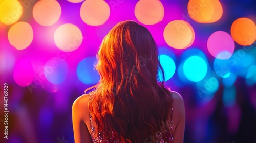 Woman with Red Hair at a Fashion Show, Back View with Bokeh Lights