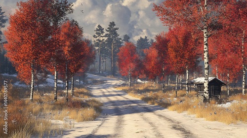 Autumn's Last Stand: A Snowy Forest Path Embraces the Rich Hues of Fall Before Winter's Full Arrival