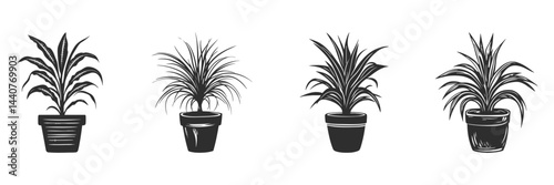 Potted Houseplants Silhouette Set. Indoor Plant Decor And Gardening Elements Isolated Vector Illustration Collection