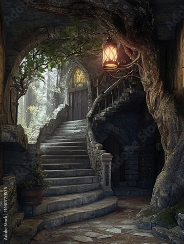 Mystical Stone Stairway Leading to a Hidden Door in a Fantasy Realm, Illuminated by a Glowing Lantern