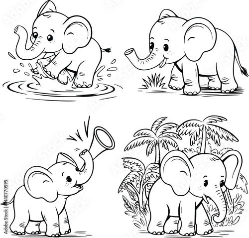 Bold black and white hand-drawn illustrations of 4 elephants doodling splashing water, eating grass, trumpeting loudly, and strolling through jungles, isolated on white.