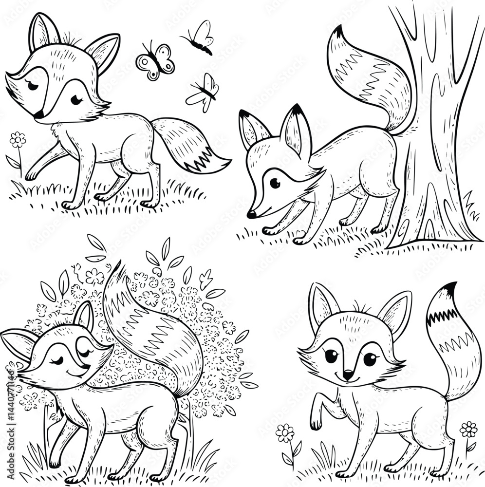 Obraz premium Bold black and white hand-drawn illustrations of 4 adorable foxes doodling chasing butterflies, sniffing around trees, hiding behind bushes, and playing with tails, isolated on white.