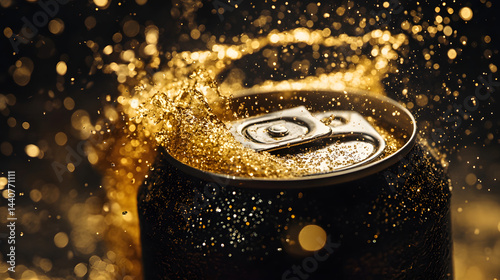 Golden Fizz: An aluminum can of golden liquid bursts open, cascading with a vibrant, fizzy explosion. The image evokes a sense of refreshment, excitement, and celebration.