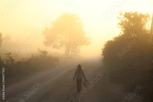 silhueta de mulher caminhando em estrada iluminada pelo nascer do sol. foto tirada na rodovia transpantaneira em poconé, mato grosso 