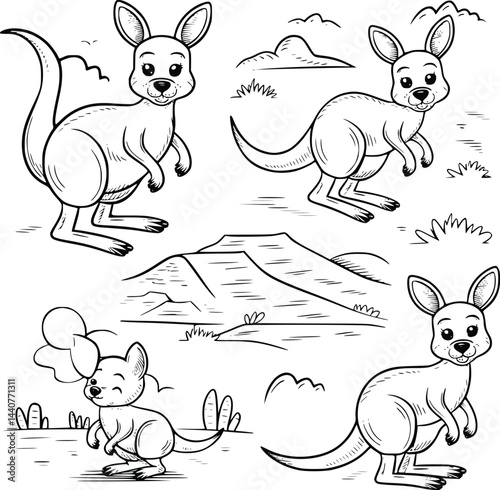 Bold black and white hand-drawn illustrations of 4 playful kangaroos doodling hopping around the outback, exploring deserts, and playing in the wild, isolated on white.