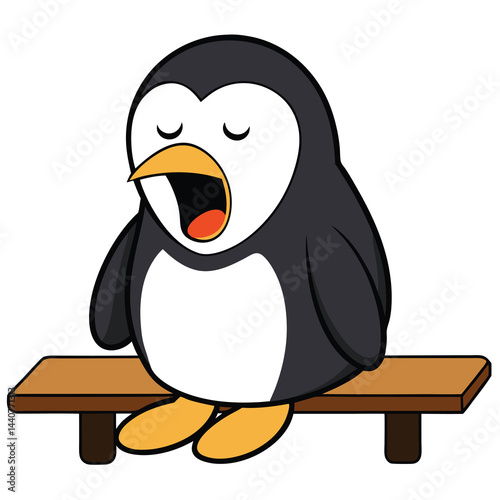 Yawning Penguin Sitting on Bench
