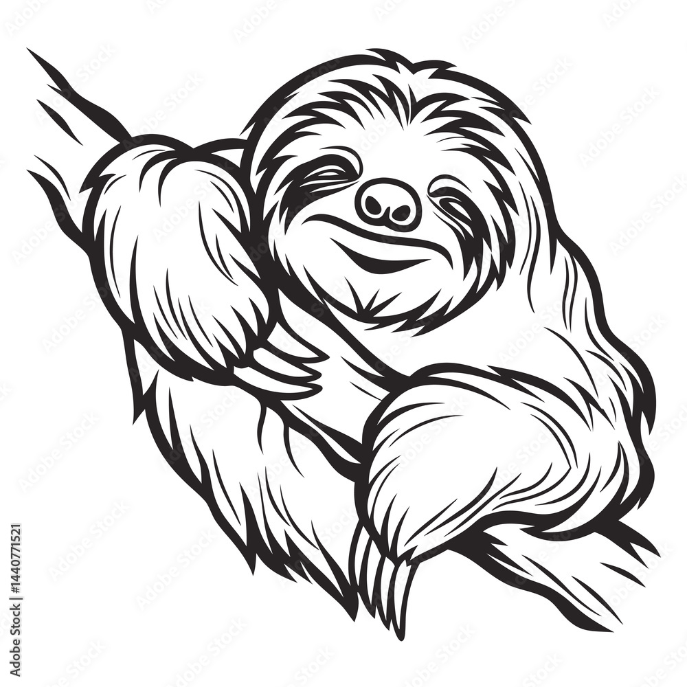 Fototapeta premium Cartoon Sloth Hanging Branch Outline