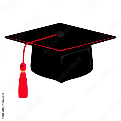 Black graduate cap with tassel. Isolated university or college education degree student hat. Vector graduation headwear 