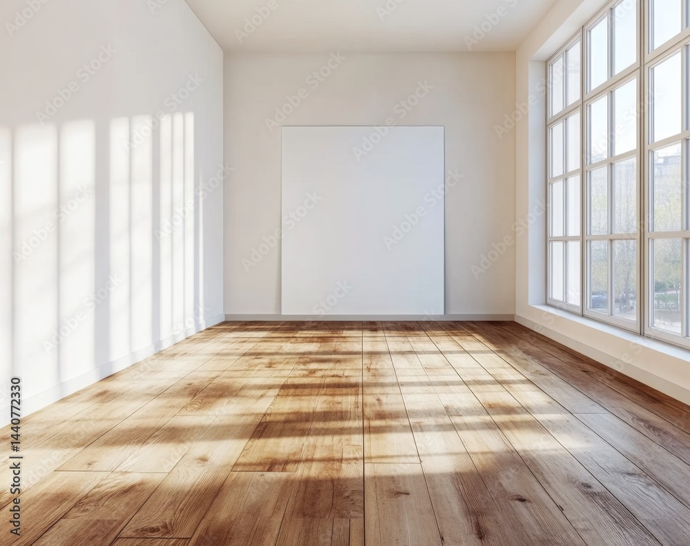Obraz premium Empty room with large blank canvas. Sunlight streams through large windows