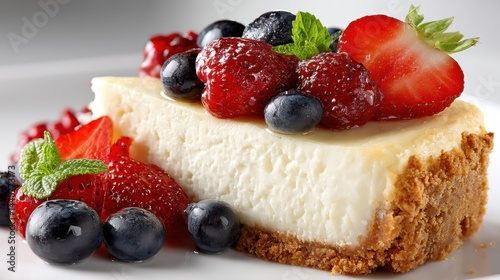 a delicious slice of cheesecake with fresh berries and a graham cracker crust on a white isolated background, sweet and creamy design