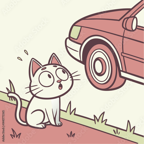 Humorous Vector Illustration of a Wide-Eyed Cat Staring at a Parked Car, Emphasizing Curiosity and Surprise, Ideal for Children's Books and Playful Website Graphics.