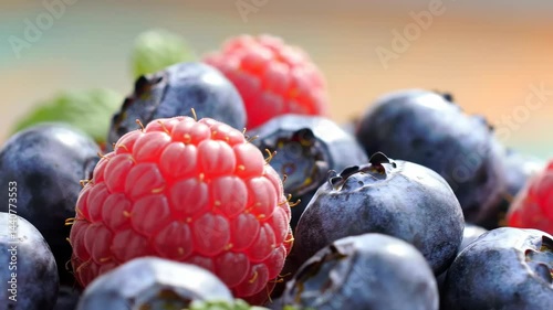 Close-Up of Fresh Raspberries and Blueberries with Mint Leaves