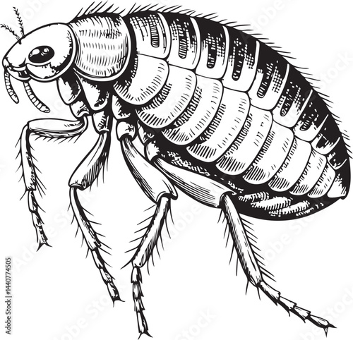 Flea Pest, Extermination, Black and White Vector Illustration, Sketch Drawing Line Linear Symbol Icon Engraving, Hand-drawn Isolated