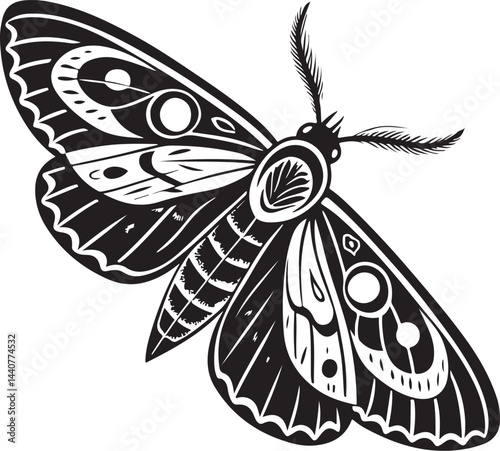 Moth, Pest, Extermination, Black and White Vector Illustration, Sketch Drawing Line Linear Symbol Icon Engraving, Hand-drawn Isolated