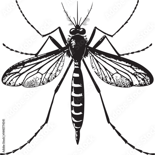 Mosquito, Pest, Extermination, Black and White Vector Illustration, Sketch Drawing Line Linear Symbol Icon Engraving, Hand-drawn Isolated