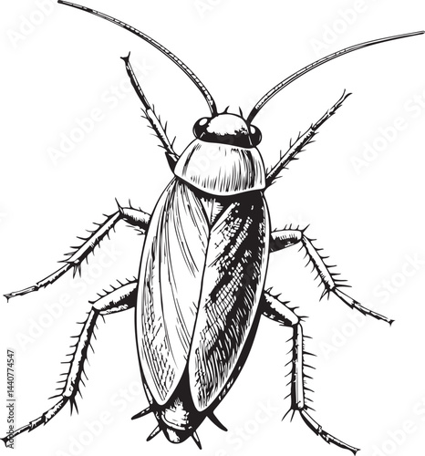 Cockroach Pest, Extermination, Black and White Vector Illustration, Sketch Drawing Line Linear Symbol Icon Engraving, Hand-drawn Isolated