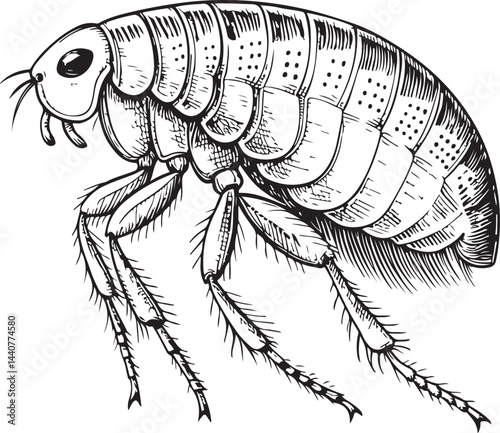 Flea Pest, Extermination, Black and White Vector Illustration, Sketch Drawing Line Linear Symbol Icon Engraving, Hand-drawn Isolated