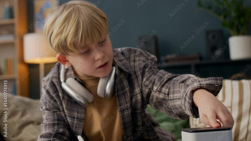 Young Caucasian school boy using voice assistance on smart speaker while working on homework to find answers or explanations, blending learning with modern technology at home