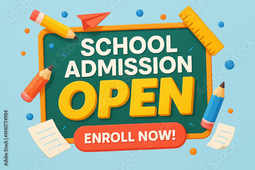 School admission open, 3D typography with school supplies, enroll now for new session, education opportunity