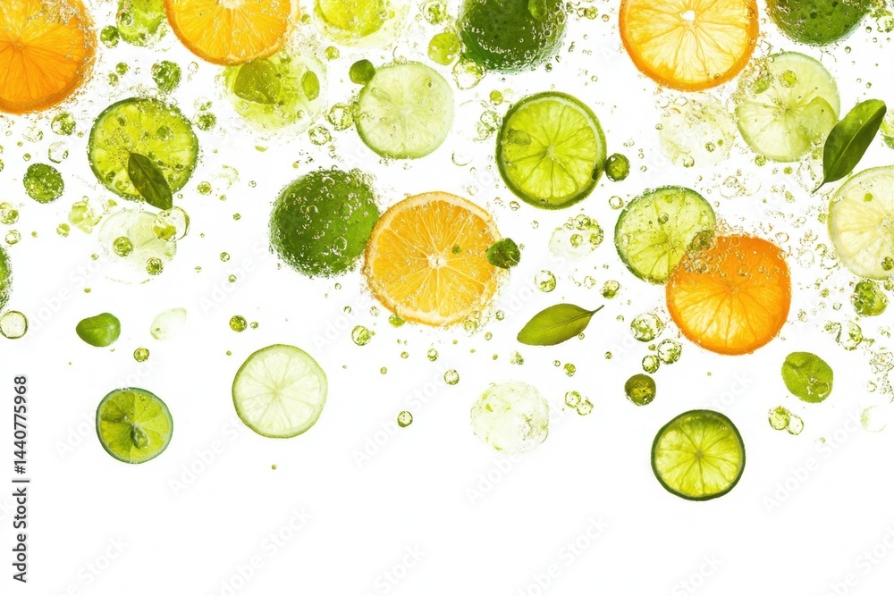 Citrus Fruit Slices in Floating Splash Pattern With Mint Leaves on Bright White Background Citrus Fruit Slices in Floating Splash Pattern With Mint Leaves on Bright White Background