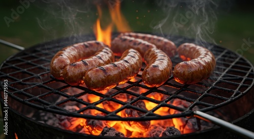 Grilled sausages smoking over open flames