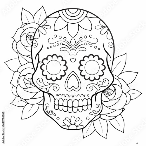 Detailed Sugar Skull Roses Outline