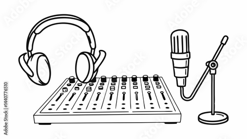 Illustration of a sound mixing console with headphones and a microphone on a stand in black and white created with generated ai