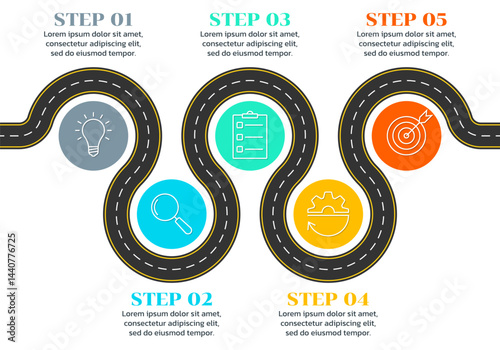 5 step road infographic with business icons. Winding asphalt pass or route. Modern pathway process design. Vector illustration.