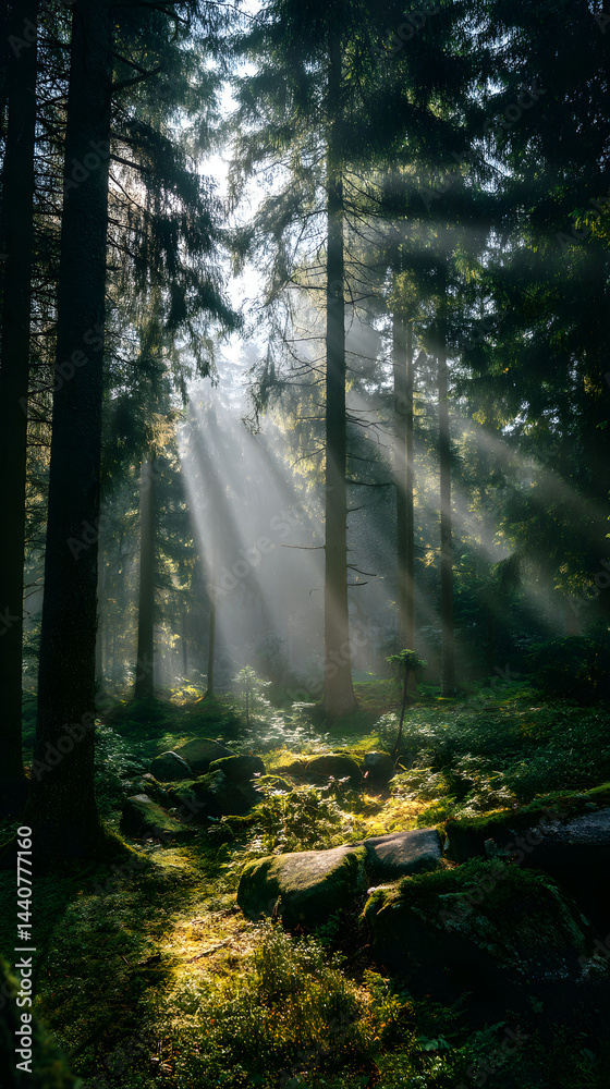 Fototapeta premium Sunbeams in the Forest: Sunbeams pierce the canopy of a dense forest, illuminating a mossy path strewn with rocks. The scene is filled with mystery and tranquility. 