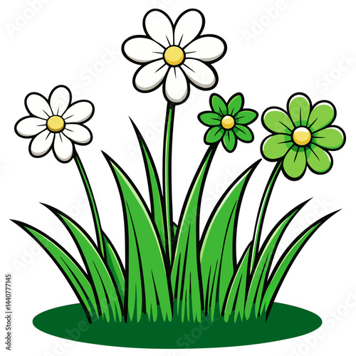Cartoon flower garden illustration with daisies and green flowers vector art design image