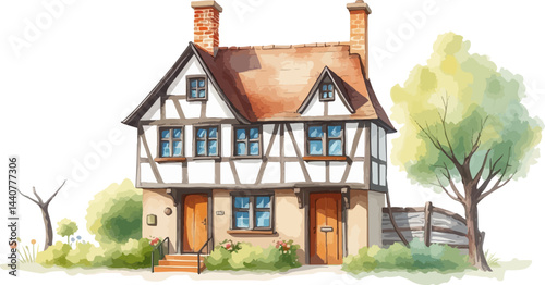 Vintage half-timbered house watercolor vector illustration.