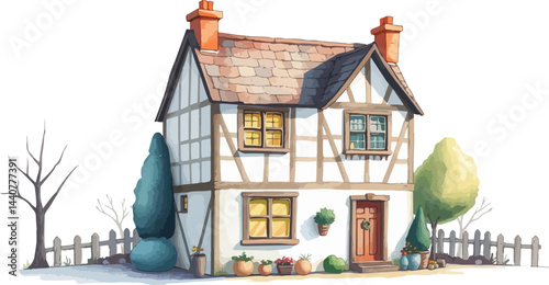Vintage half-timbered house watercolor vector illustration.