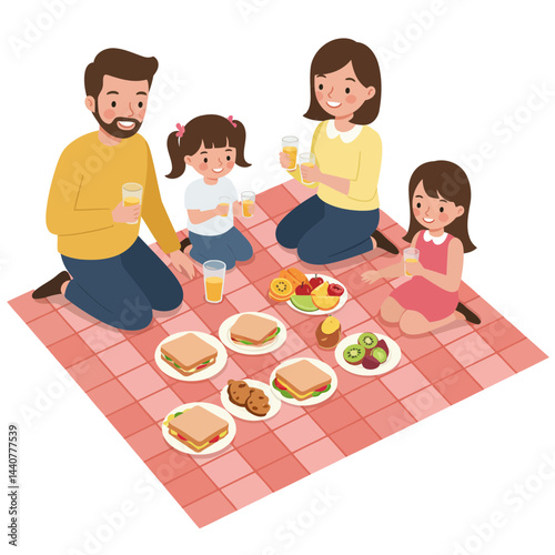 Family picnic illustration enjoying outdoor meal with kids parents and healthy food vector design