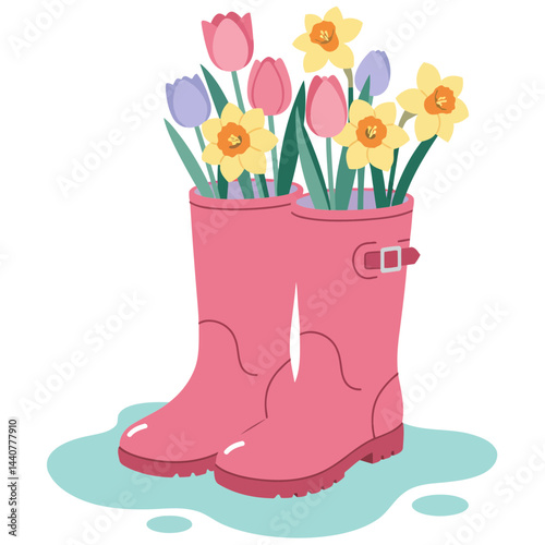 Pink rain boots filled with spring flowers tulips and daffodils vector illustration design