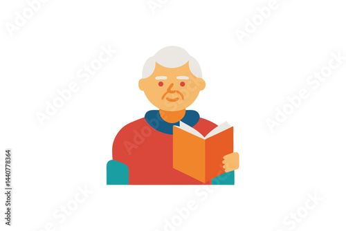 Elderly Man Reading Book Flat Vector Illustration for Printable Graphic Design