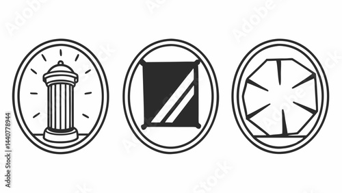 Three circular firefighter symbols featuring a hydrant, banner, and maltese cross design in black and white created with generated ai