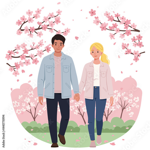 Couple walking in spring cherry blossom season romantic date illustration art vector design